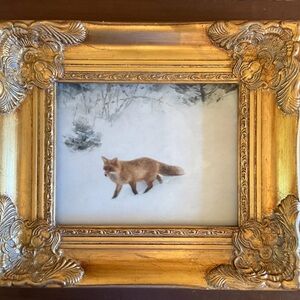 This 8x10” Giclee on canvas of a fox is framed in a heavy Baroque frame.